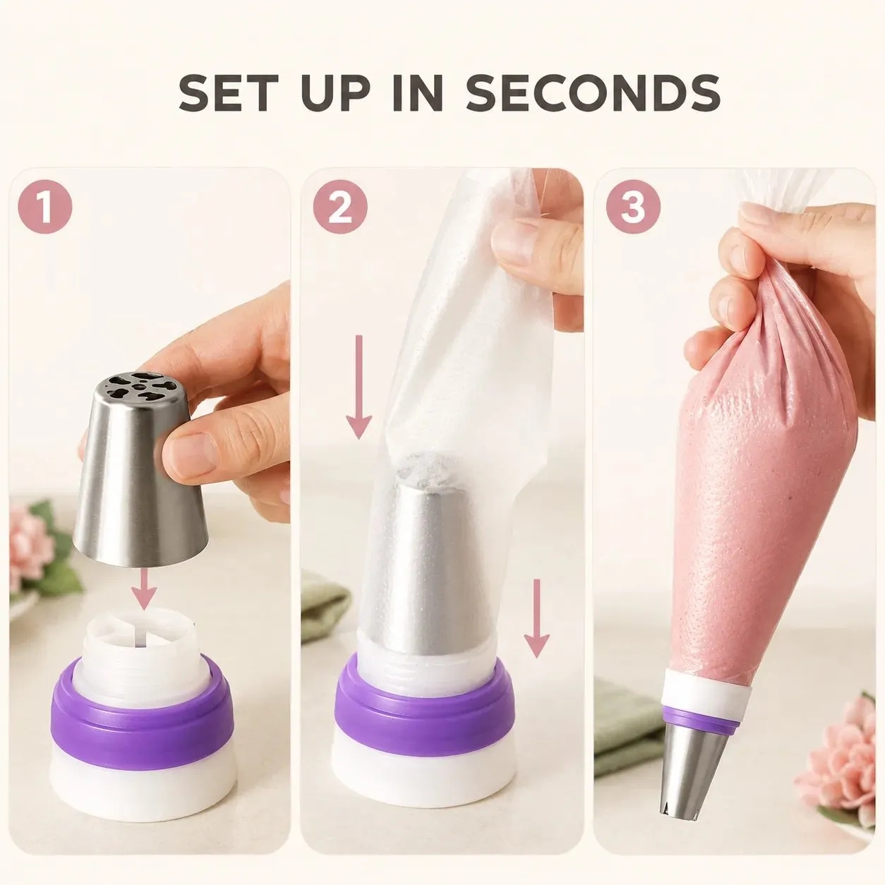 Easy setup steps for piping bag tips and coupler