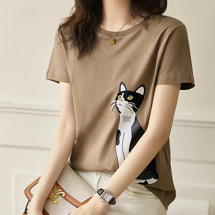 Khaki Casual Animal Short Sleeve Printed Shirts & Tops QueenFunky