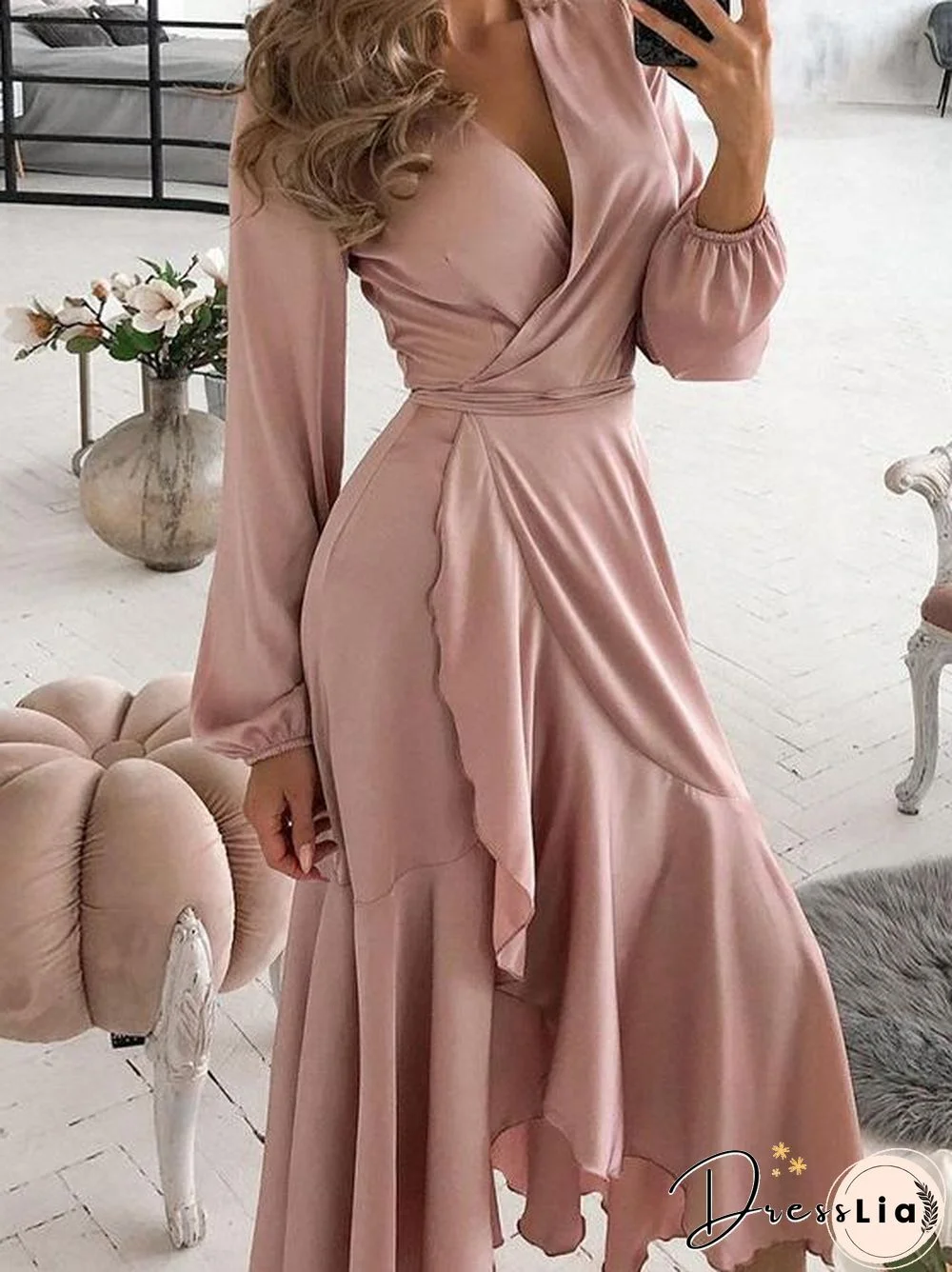 Women'S Dresses V-Neck Slim Ruffled Long Sleeve Dress