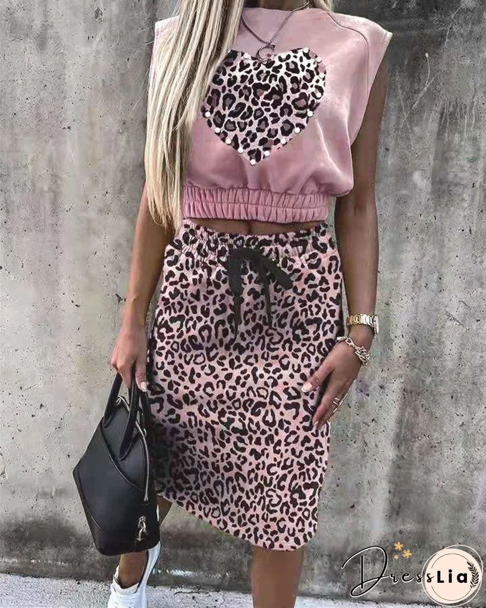 Women's Leopard Print Sleeveless Jacket Dress Two-piece Suit T-shirt