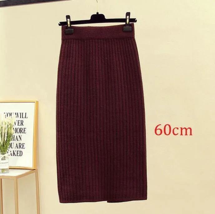 2020 Women's Spring Pencil Knitted Skirt High Waist Warm Elegant Knitting Ribbed Party Skirt Black Solid Ladies Office Skirts