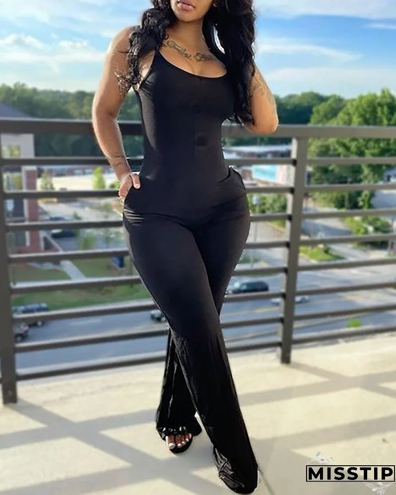 Printed Solid Color Straps Jumpsuit