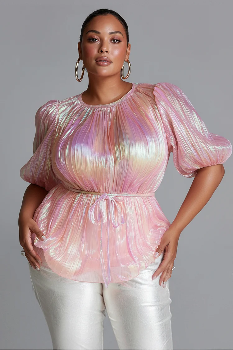 Xpluswear Design Plus Size Business Casual Elegant Pink Round Neck Short Sleeve Wrap Metallic Knit Blouses [Pre-Order] 2024 - Xpluswear