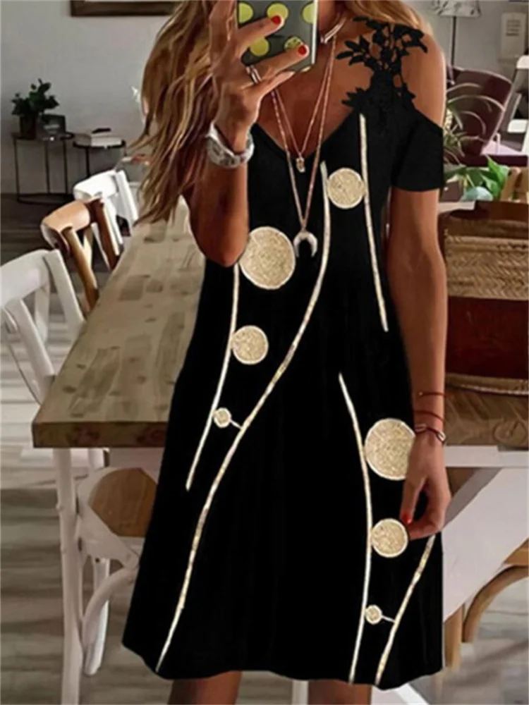 Geometric Glitter Art Lace Hollow Shoulder Midi Dress