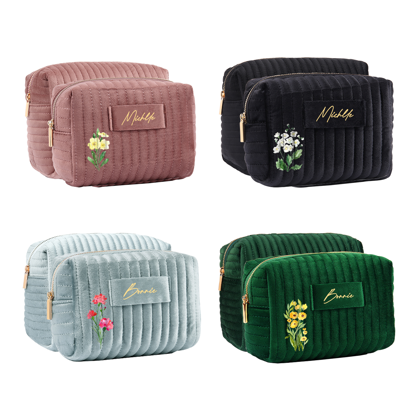 Borsa portabile per cosmetici in velluto per donna 1 nome e 1 fiore di nascita personalizzato multicolori da scegliere