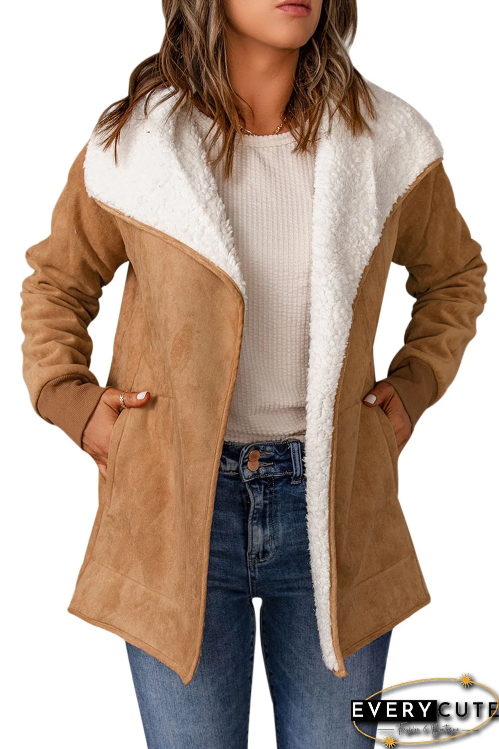 Khaki Faux Suede Fleece Lined Open Front Jacket