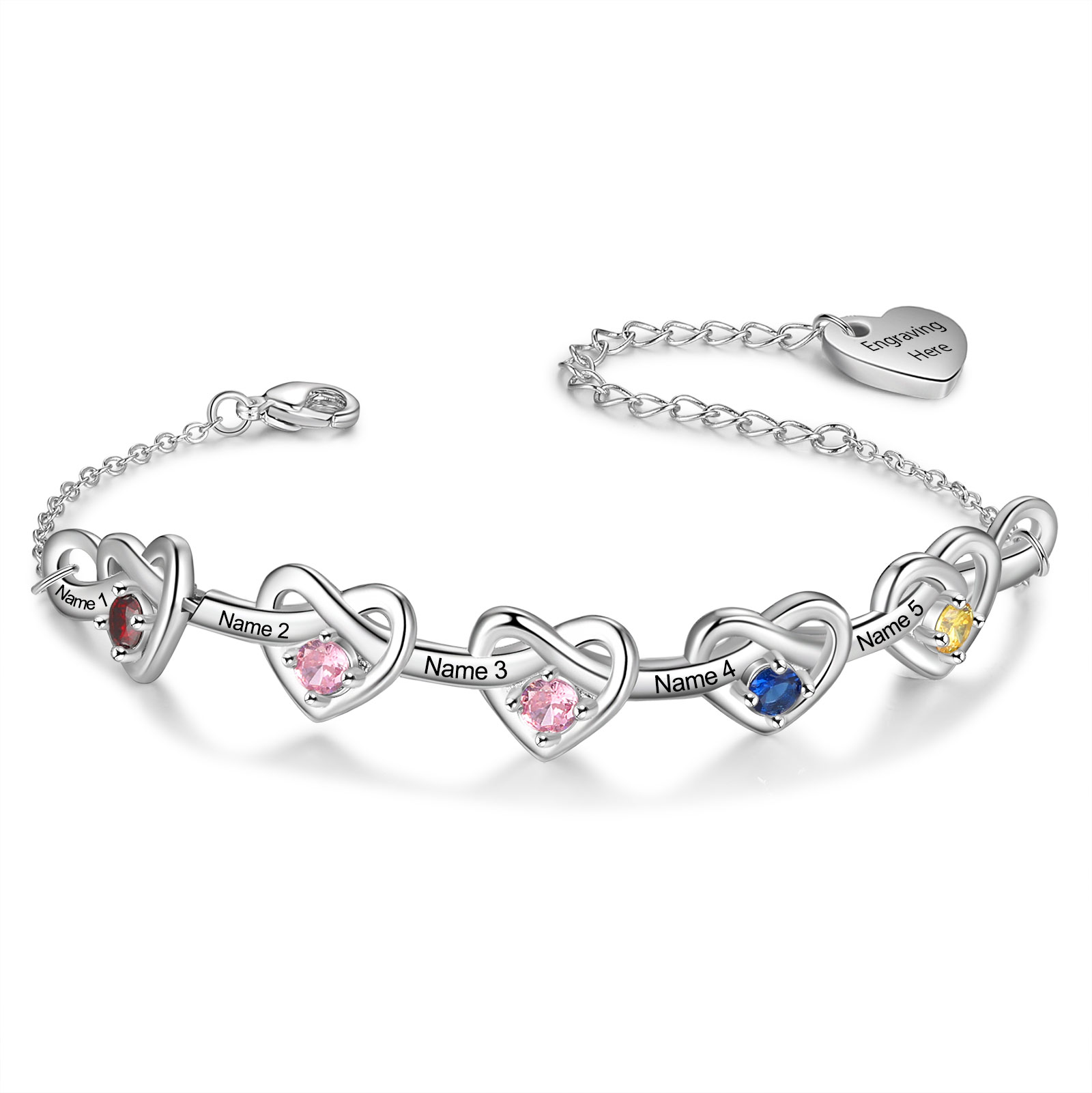 5 Names - Personalized Linked Heart Bracelet Custom 5 Birthstones Engraved Text Bracelets- Mother's Day Gift for Mom/Grandma