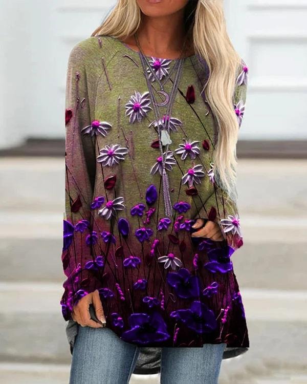 Floral Print Ombre Long Sleeve Casual Shirts&Tops - Chicaggo