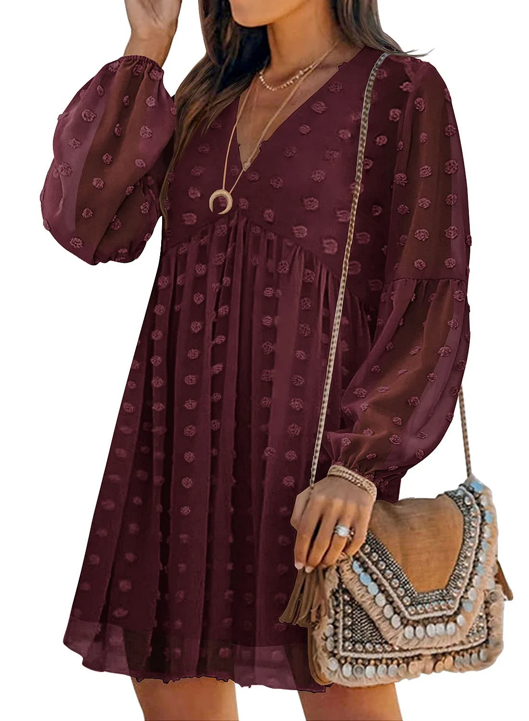 MIHOLL Women's V Neck Short Sleeve Ruffle Loose Summer Flowy Mini Dress