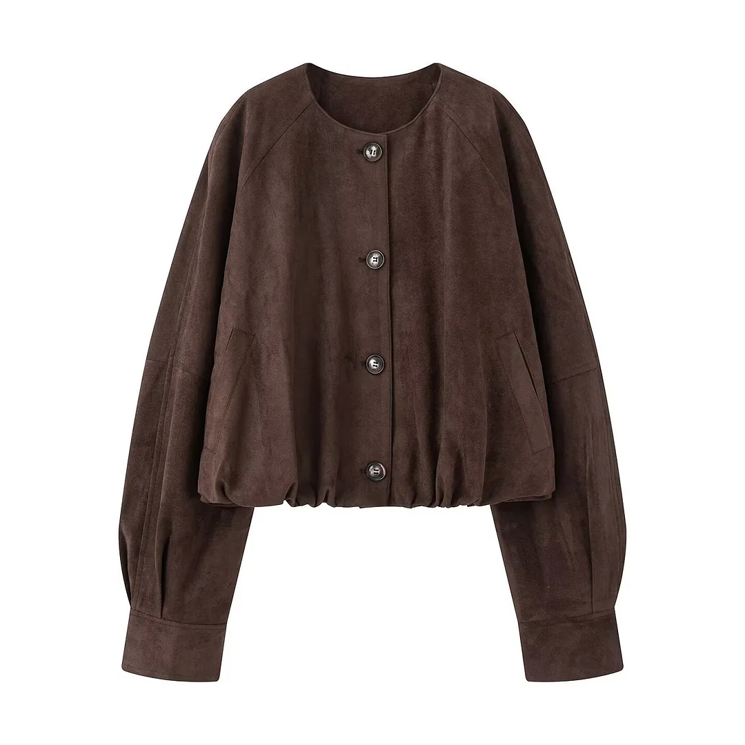 Nigikala Nigikala Women's Clothing 2025 Autumn Round-Neck Long-Sleeved PU Single-Button Jacket Jacket Women F825128F