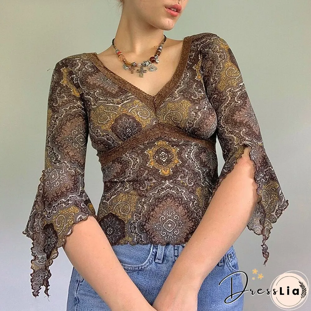 Autumn Lace Floral Mesh Tops Women Vintage Half Flare Sleeve Neck T-Shirts Female Elegant