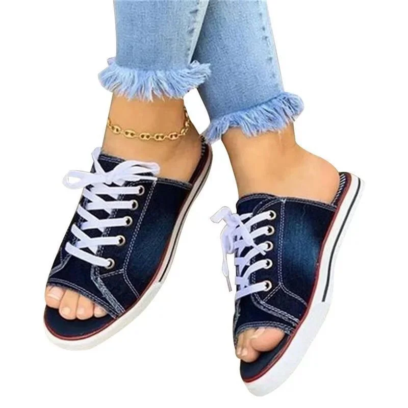 Yyvonne Spring And Summer Fish Mouth Denim Cloth With Casual Flat Bottom Lady Cool Slippers Large Size With Slippers Women