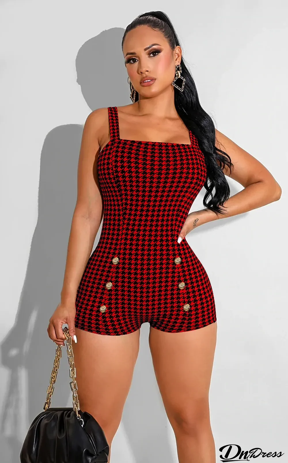 Women's Clothing Sexy Tight Fashion Houndstooth Print One Piece Rompers