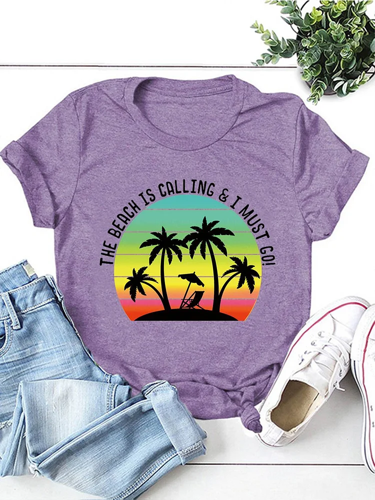 Bestdealfriday Palm Tree Print Graphic Short Sleeve Round Neck Loose Tee