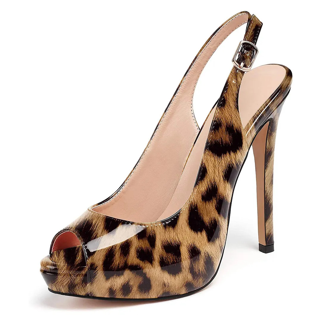 120mm Strap Slingback Sandals Peep Toe Platform Stilettos Leopard Patent Heels-vocosishoes