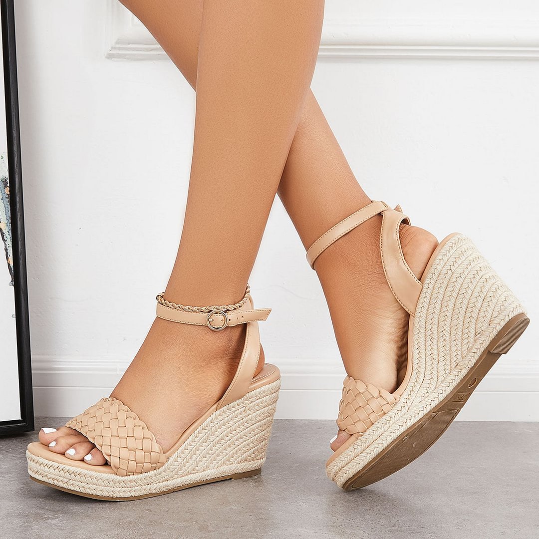 Susiecloths Open Toe Espadrille Wedges Braided Vamp Ankle Strap Sandals