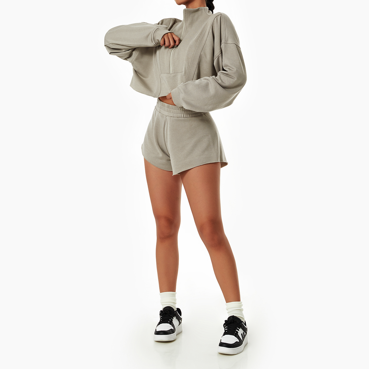 Women's Fashion Loose Sports Suits - Half Zip Stand Collar + Comfort Shorts