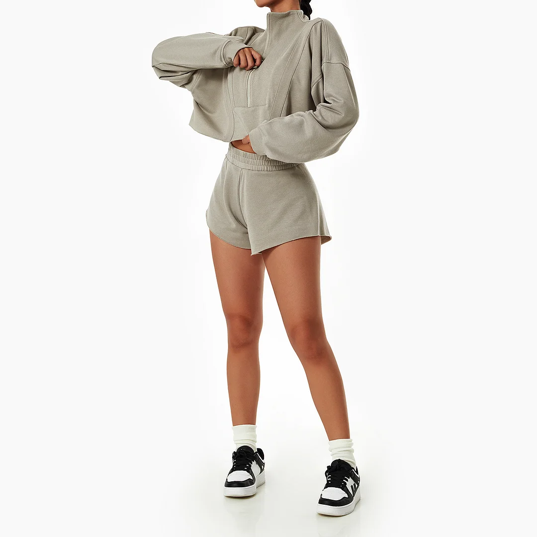 Women's Fashion Loose Sports Suits - Half Zip Stand Collar + Comfort Shorts