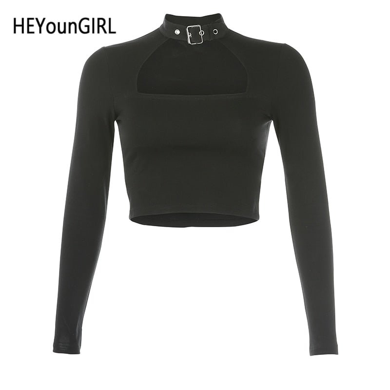 HEYounGIRL Cut Out Black Harajuku Crop T Shirt Gothic Casual Basic Woman Tshirt Tops Long Sleeve Tee Shirt Women Cool Streetwear