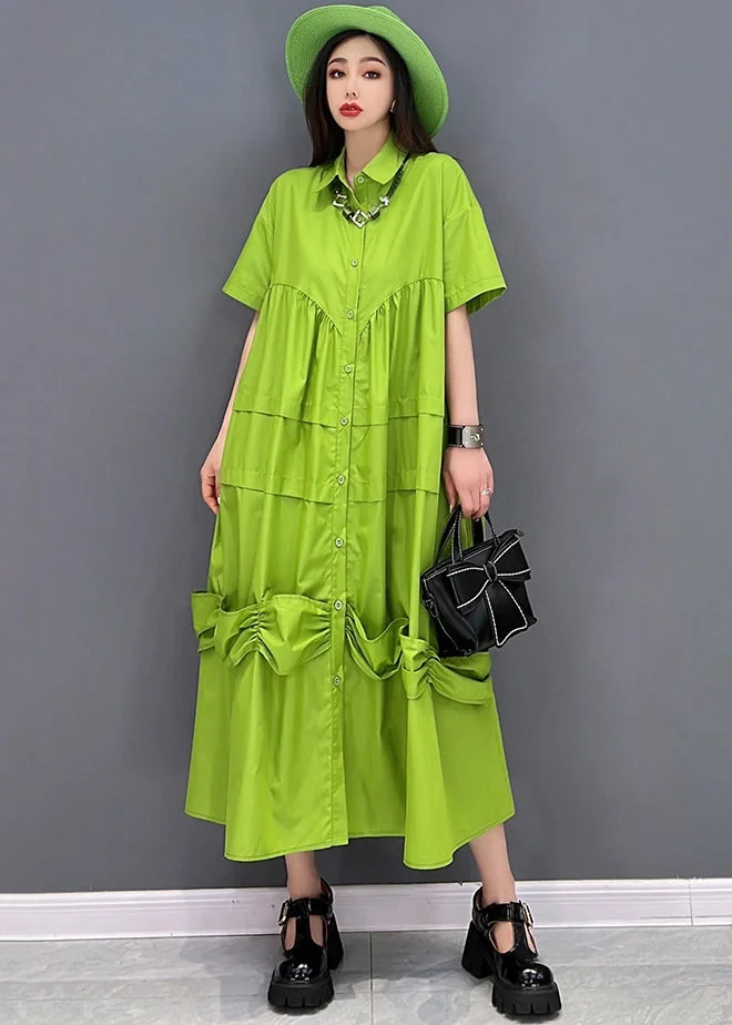 Bohemian Solid Green Peter Pan Collar Patchwork Oversized Dress Short Sleeve