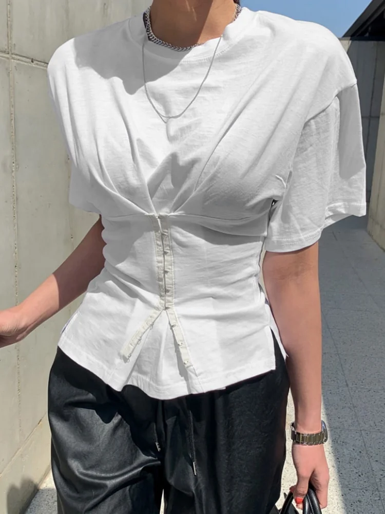 Uveng New Fashion Slim fit corset short section wide shoulder short sleeve white round neck Breasted t-shirt fashion top 413-1