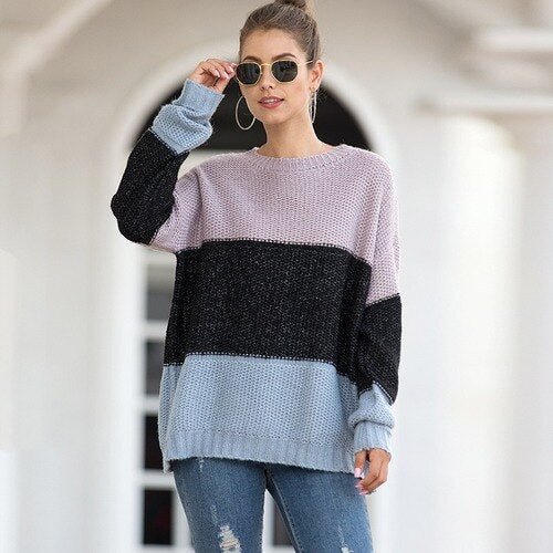 Autumn Winter O-neck Oversize Sweater Pullovers Women's Knitted Stripe Sweaters Mohair Loose Thick Warm Female Pullovers Tops - BlackFridayBuys