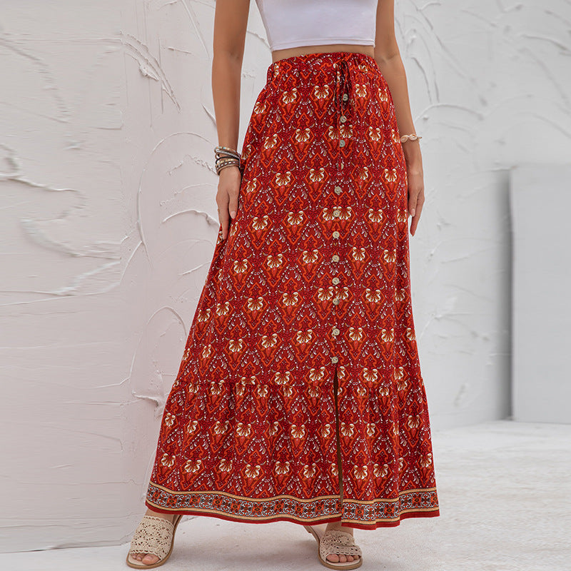 Summer Women Collection High Waist Print Breasted Split Skirt