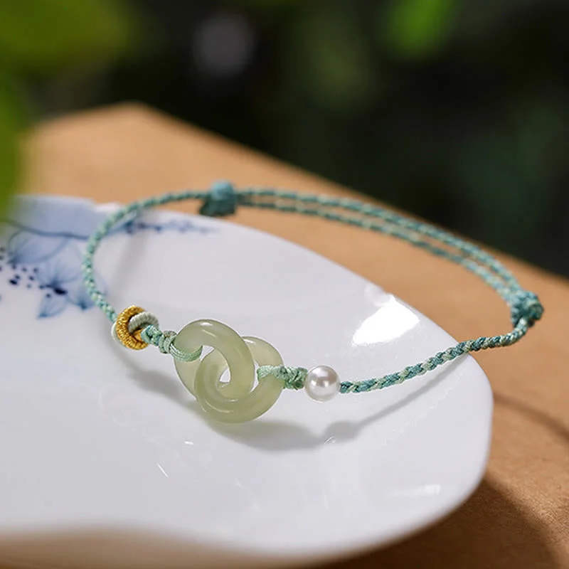 Natural Hetian Jade Double Peace Buckle Luck Braided Bracelet