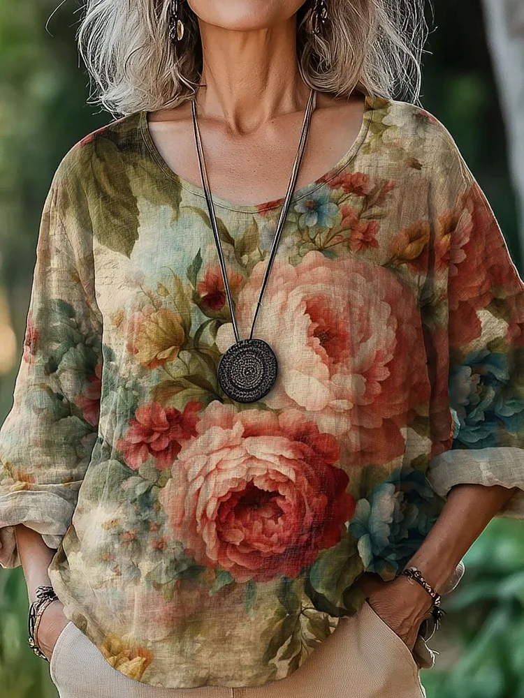 Women's  Flowers  Art  Print Casual Cotton And Linen Shirt