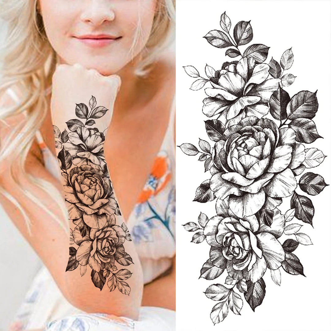 Sdrawing Compass Lion Rose Temporary Tattoo For Men Adults Realistic Fake Tiger Crown Cross Tattoo Sticker Thigh Half Sleeve Tatoo