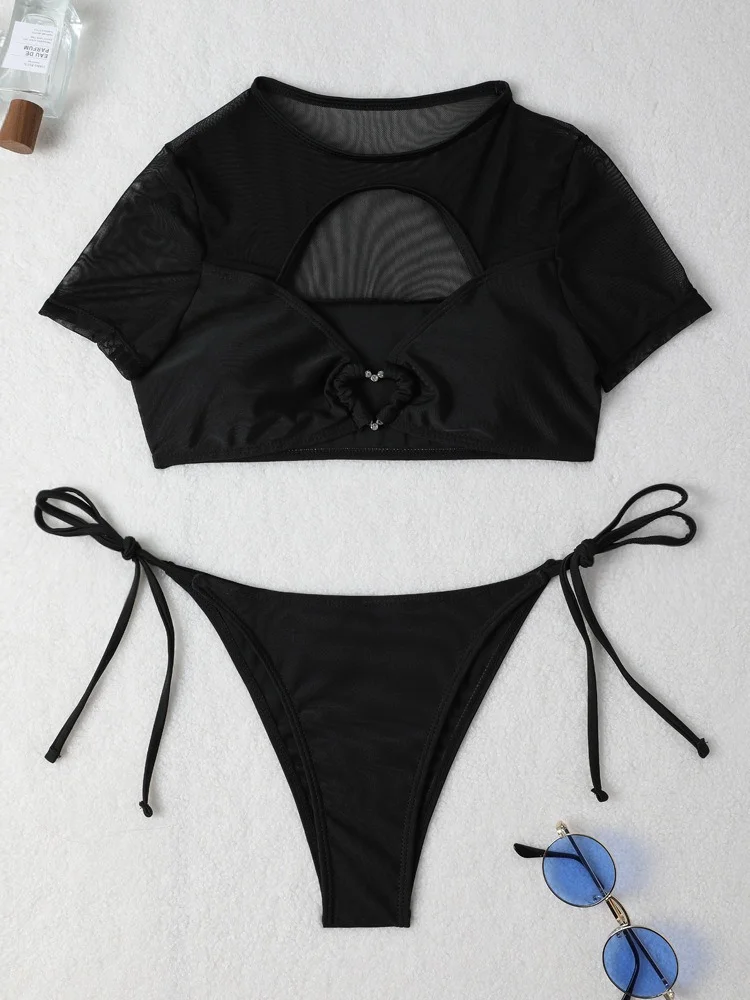 Uveng 2024 New Sexy Hollow Mesh Spliced Love Diamond Split Swimsuit Bikini