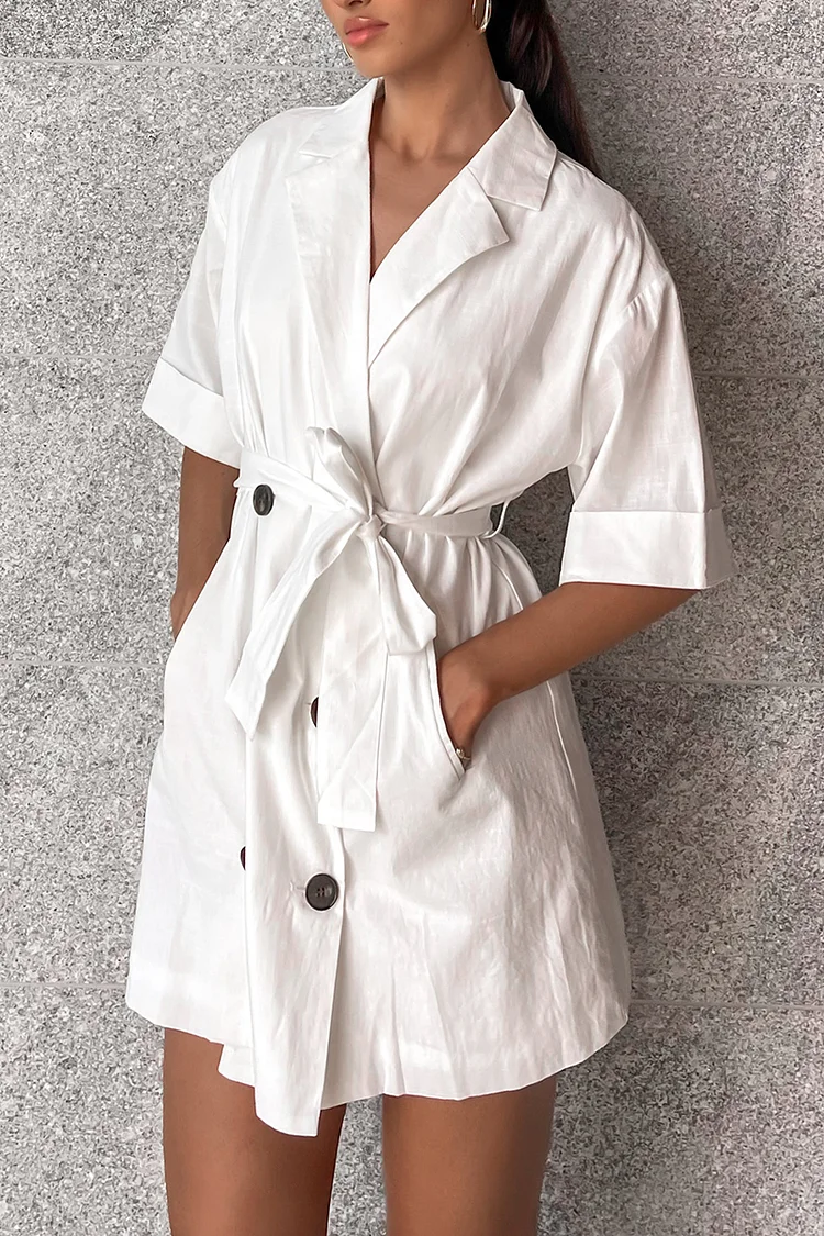 Lapel Collar Short Sleeve Button Up Knotted Waist Plain Linen Mini Dresses [Pre Order]