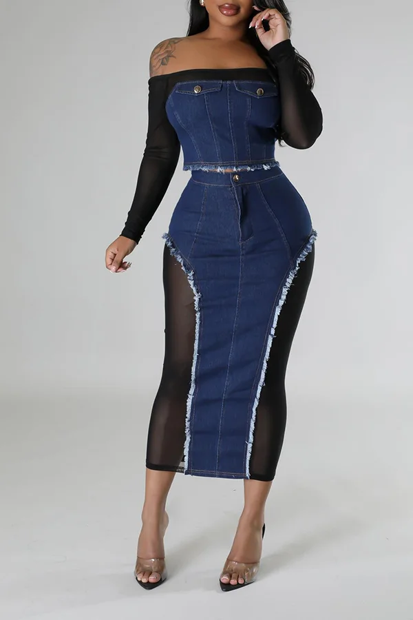 Mesh Denim Patchwork Top & Skirt Set