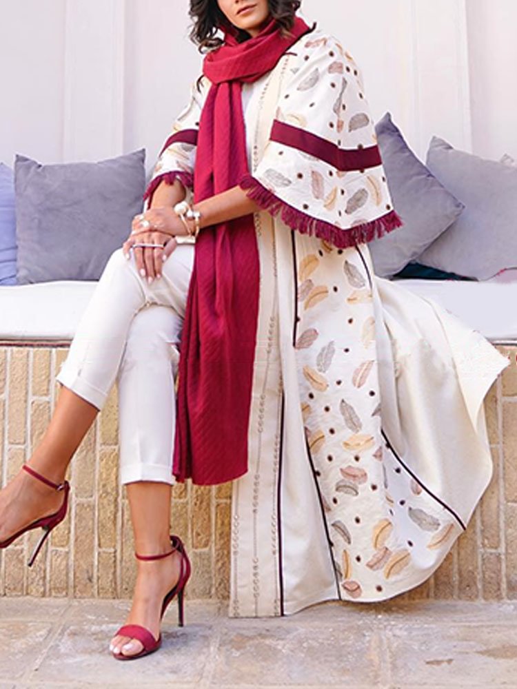 Flare sleeve leaves printed cardigan abaya