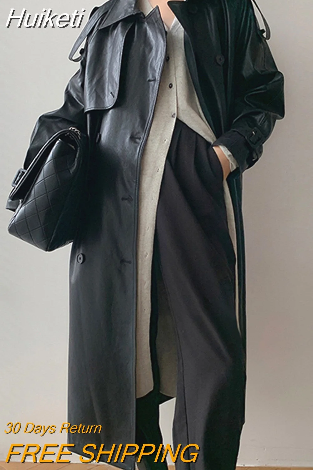 Huiketi Autumn Long Oversized Black Faux Leather Trench Coat for Women Raglan Long Sleeve Double Breasted Brown Korean Fashion