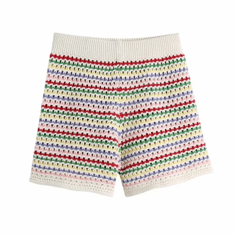 Summer Women Color Stripes Knitted Shorts Casual Female Elastic Waist Clothes P2022