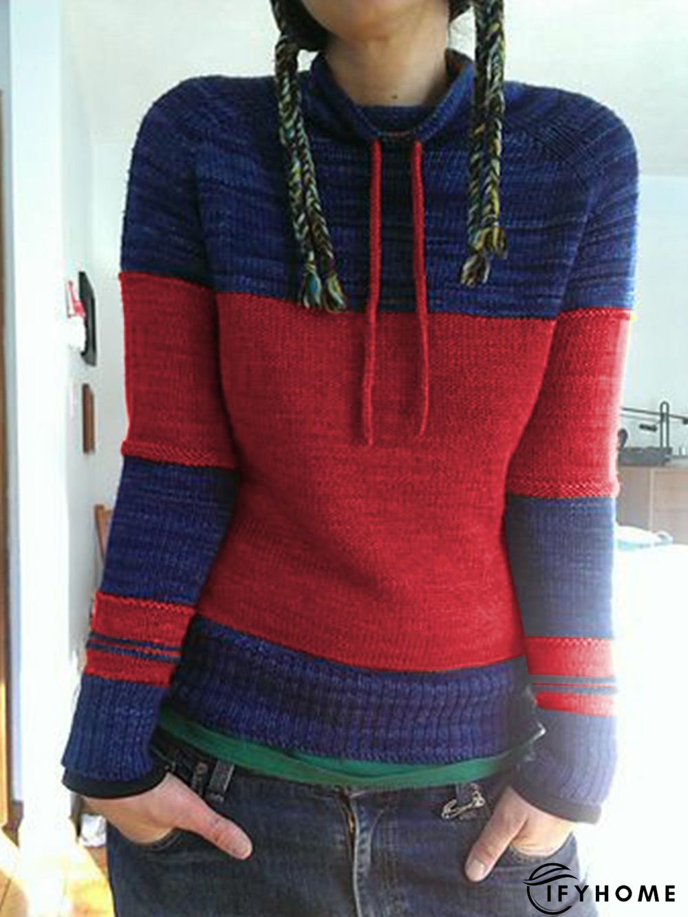 Women Color-Block Drawstring Necklline Vintage Winter Top | IFYHOME