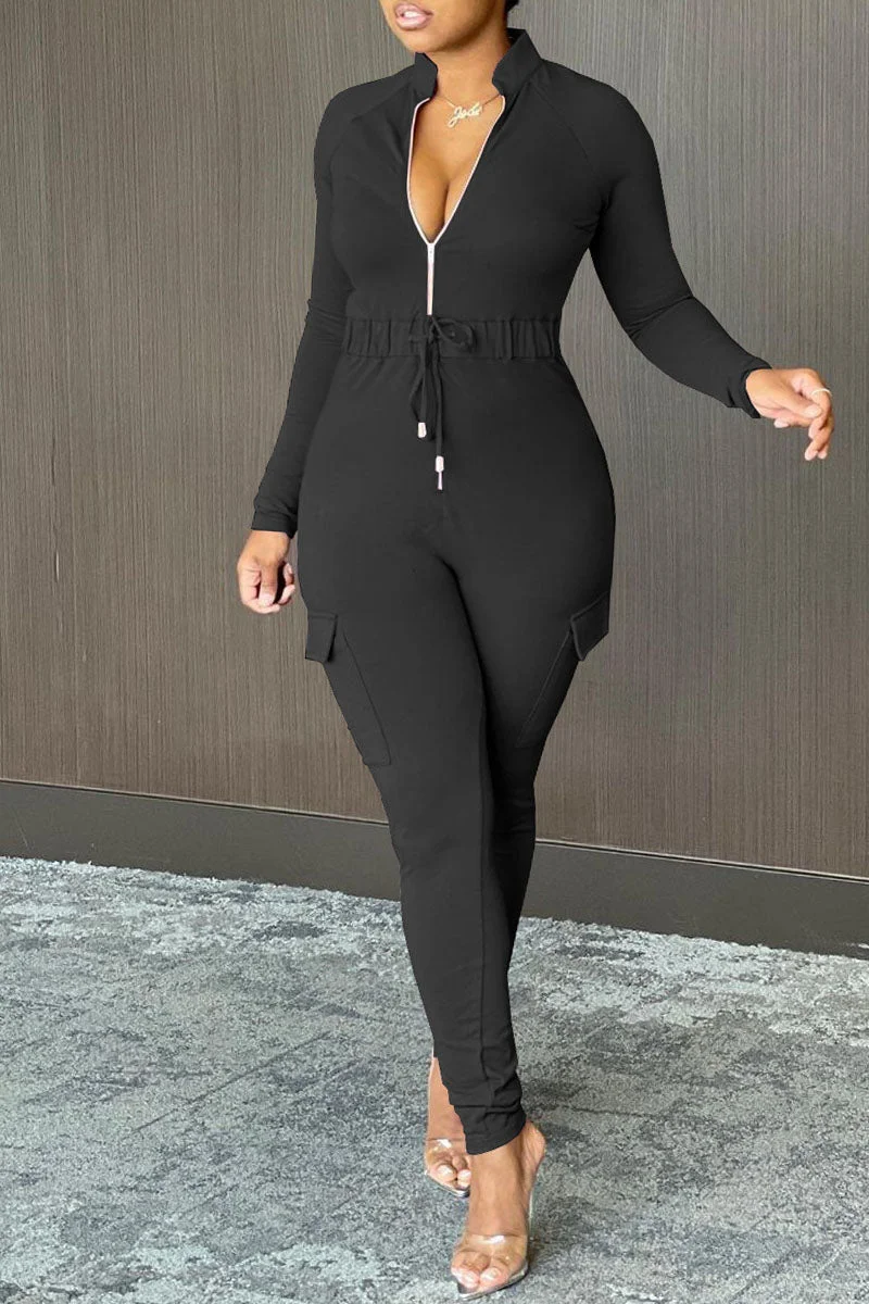 Casual Solid Split Joint Draw String Pocket Zipper Collar Regular Jumpsuits