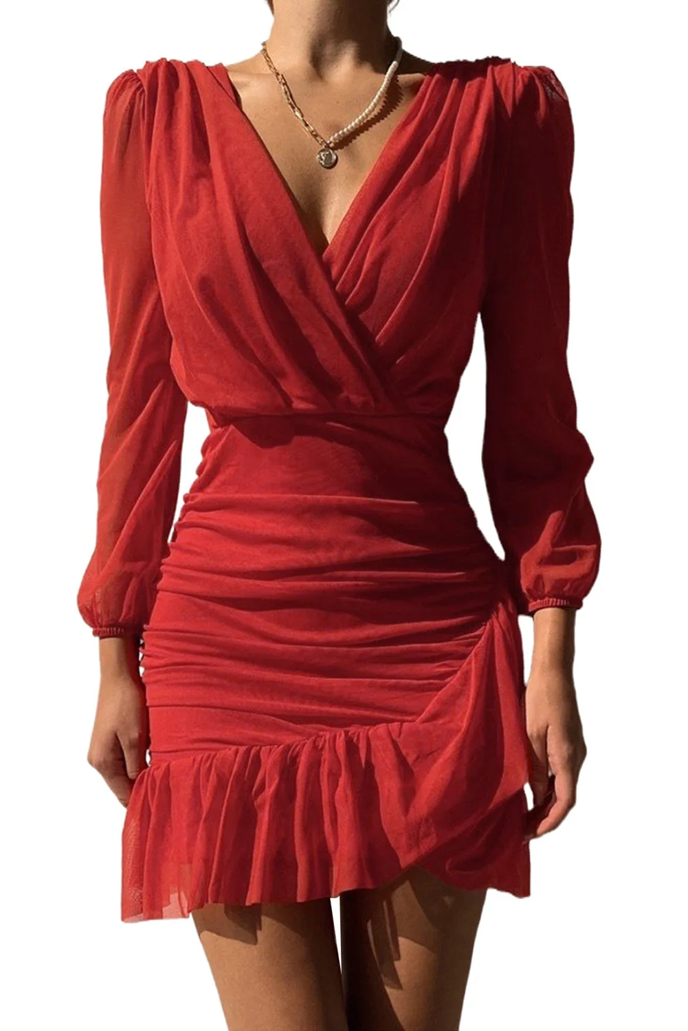 Women Red Ruched Flounce V Neck Bodycon Mini Dress