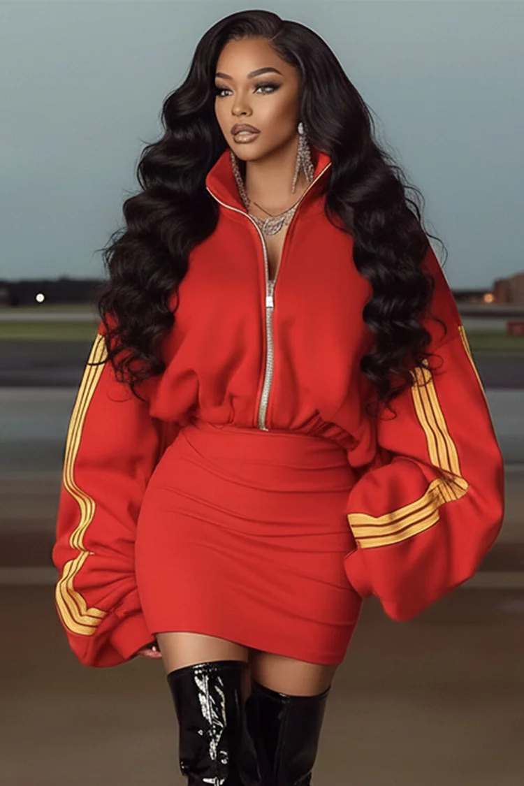 Stand Collar Stripe Zip-Up Sweatshirt Mini Skirt 2pcs Set-Red [Pre Order]