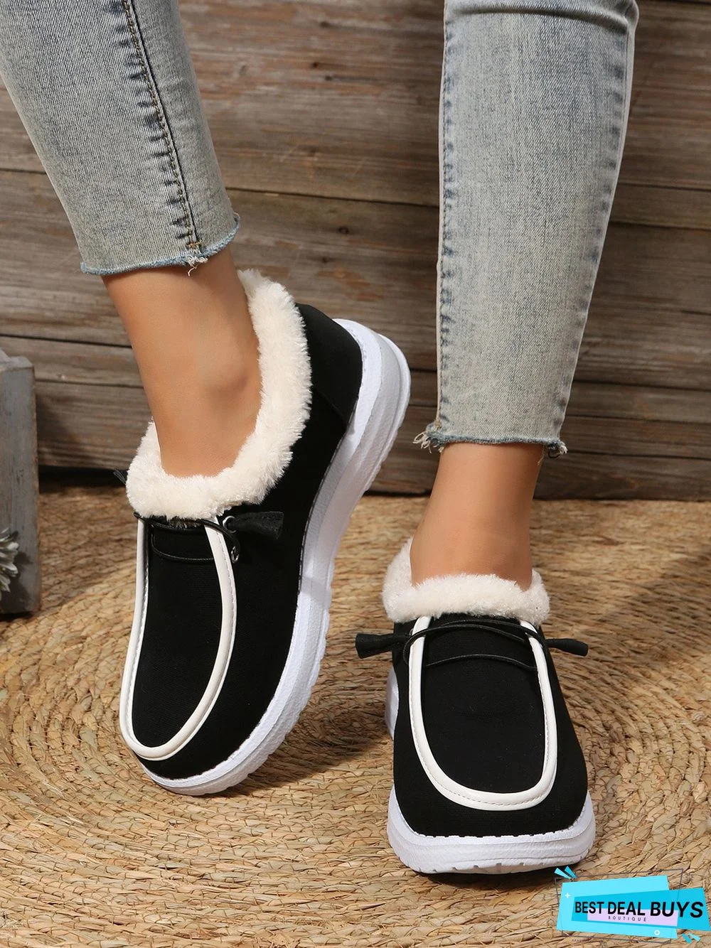 Casual Split Joint Furry Lined Canvas Flat Boat Shoes