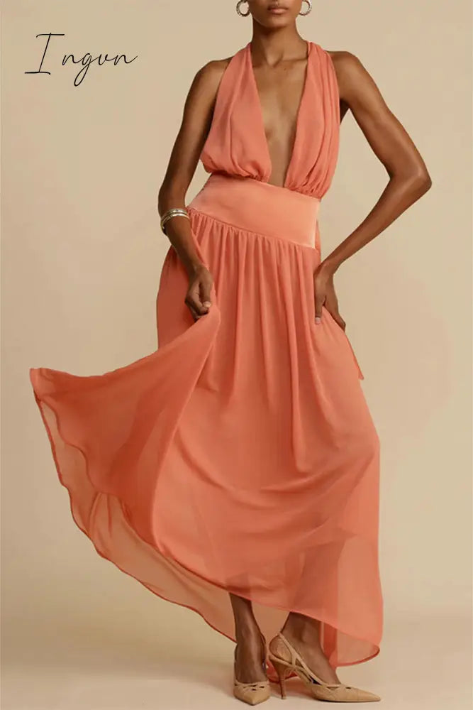 Ingvn - Sexy Vacation Solid Frenulum Backless V Neck Beach Dress Dresses Tangerine Red / S