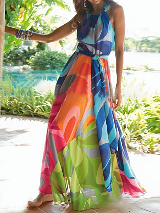 Multicolor Abstract Printed Halter Boho Dress