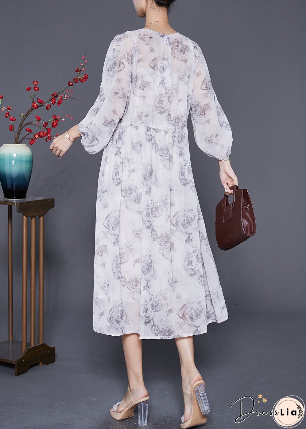 Women White Cinched Rose Print Chiffon Party Dress Summer