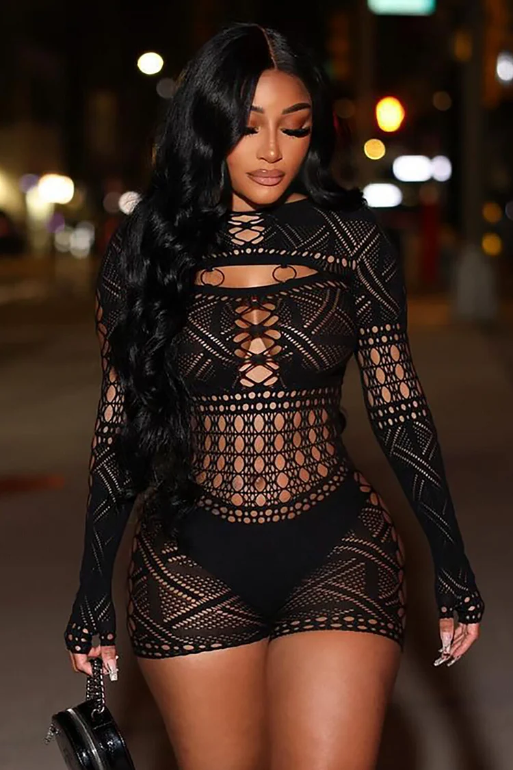 Knit Hollow Out Long Sleeve Slim Fit Party Playsuit Romper-Black