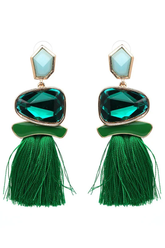 Green Gemstone Tassel Earrings