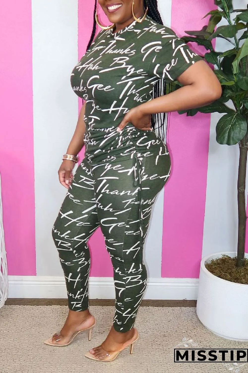 Black Casual Print Patchwork O Neck Short Sleeve Two Pieces