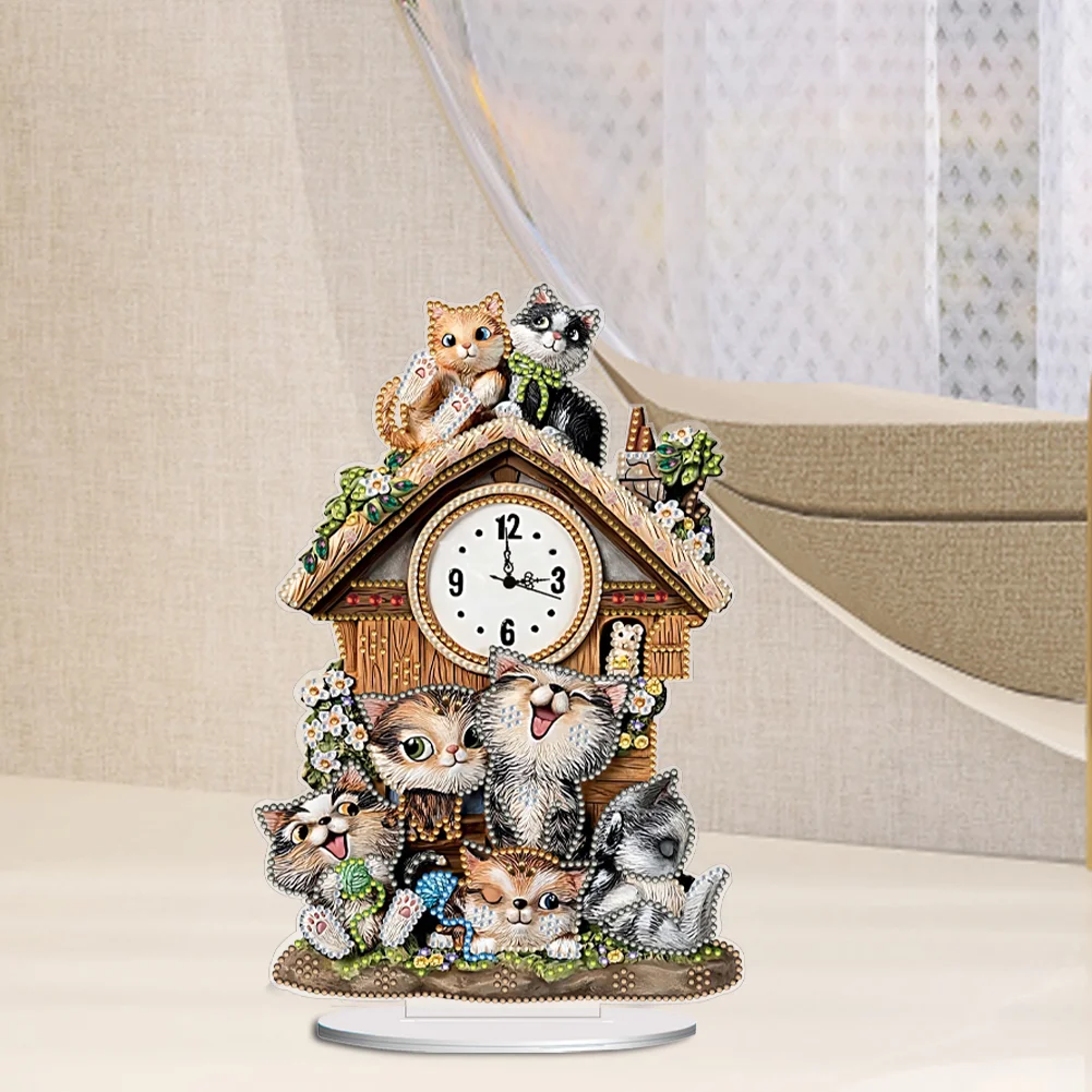 DIY Cat Hut Acrylic Special Shaped 5D Diamond Painting Clock Art Craft