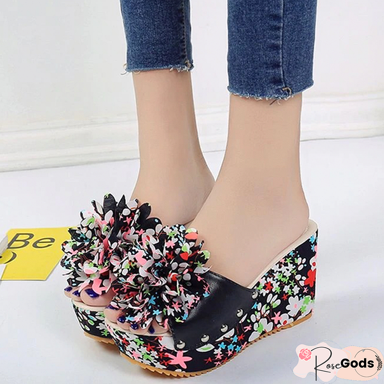 Women Thick Floral Flower Wedge Sandals High Heel Slipper Sandal Shoes