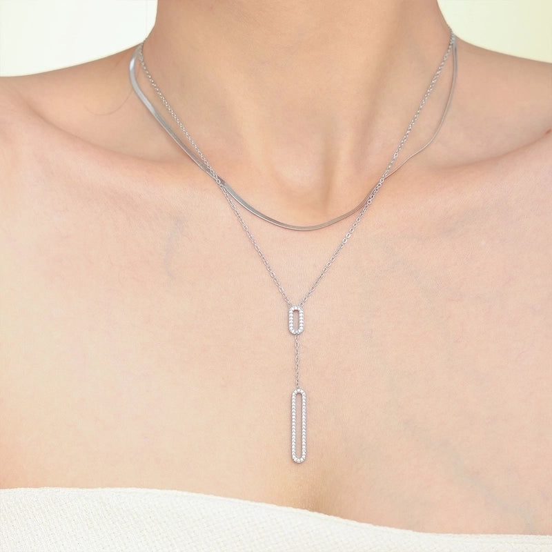 Elegant Luxurious Vacation Rectangle Titanium Steel 18K Gold Plated Rhinestone Necklace